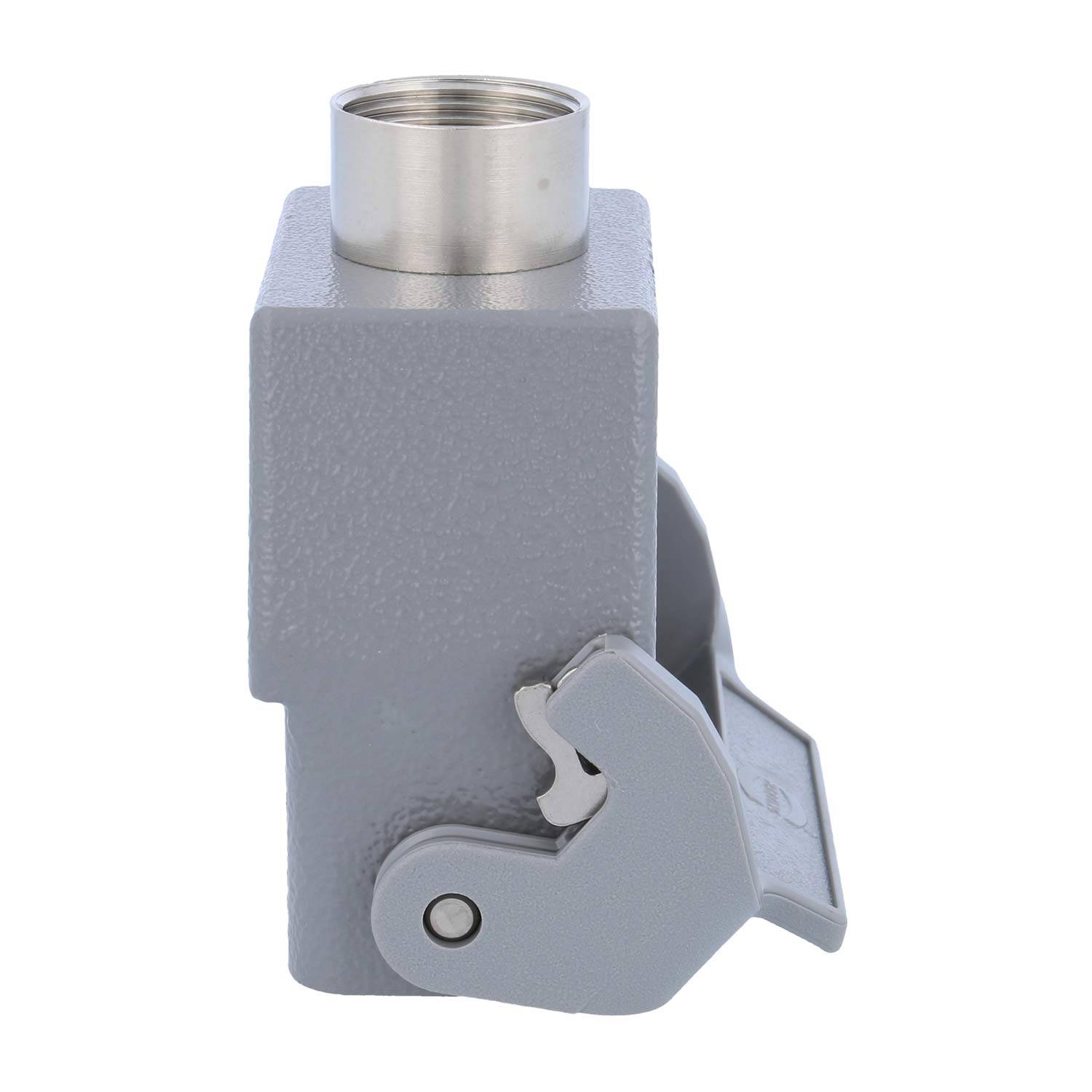 Ein graues Industriesteckverbindungsgehäuse mit oberer Eintrittsöffnung und sicheres Verriegelungssystem.