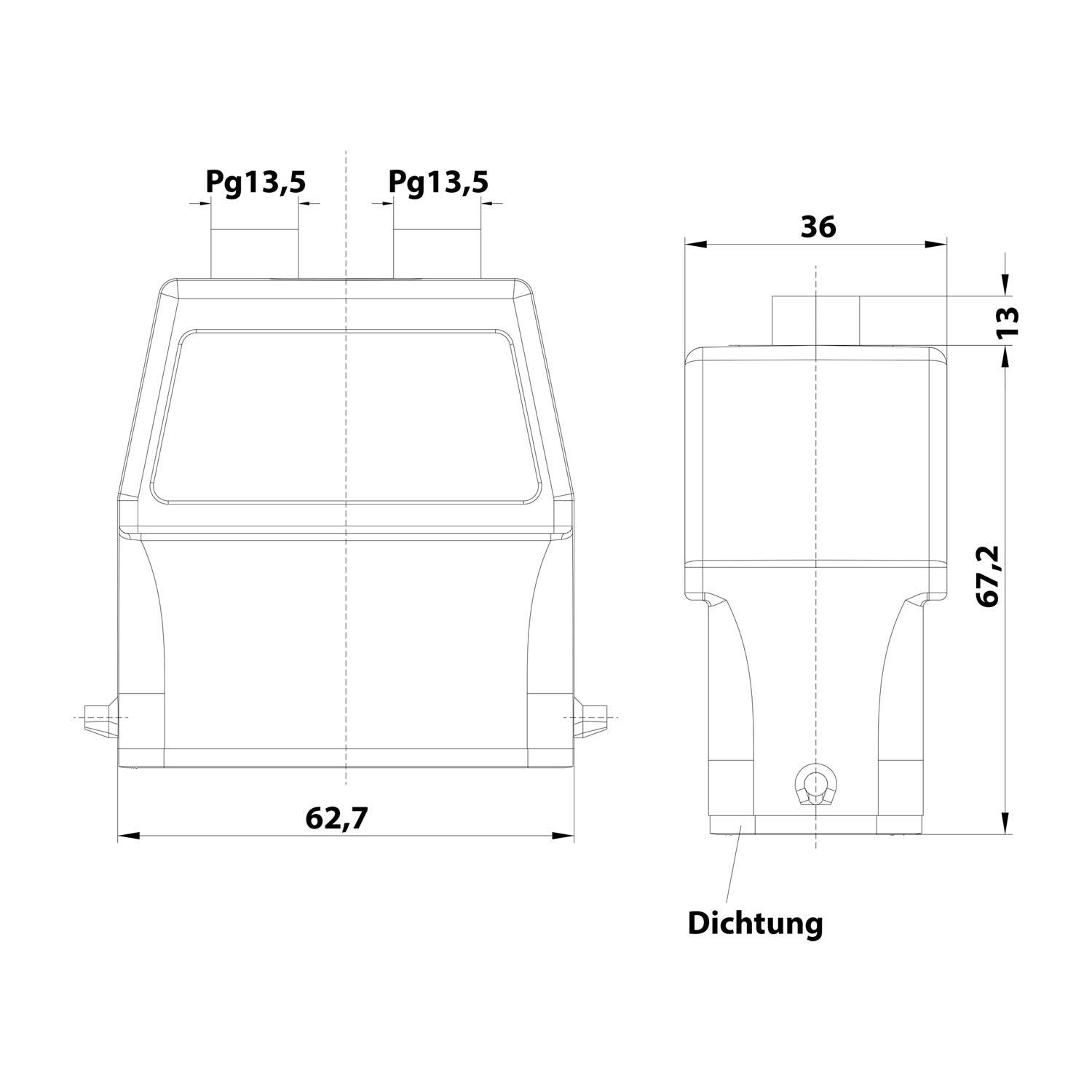 Technische Zeichnung eines rechteckigen Bauteils mit Abmessungen: Breite 62,7 mm, Höhe 67,2 mm, Tiefe 36 mm. Obere Öffnung: 13 mm. Beschriftung: Dichtung.