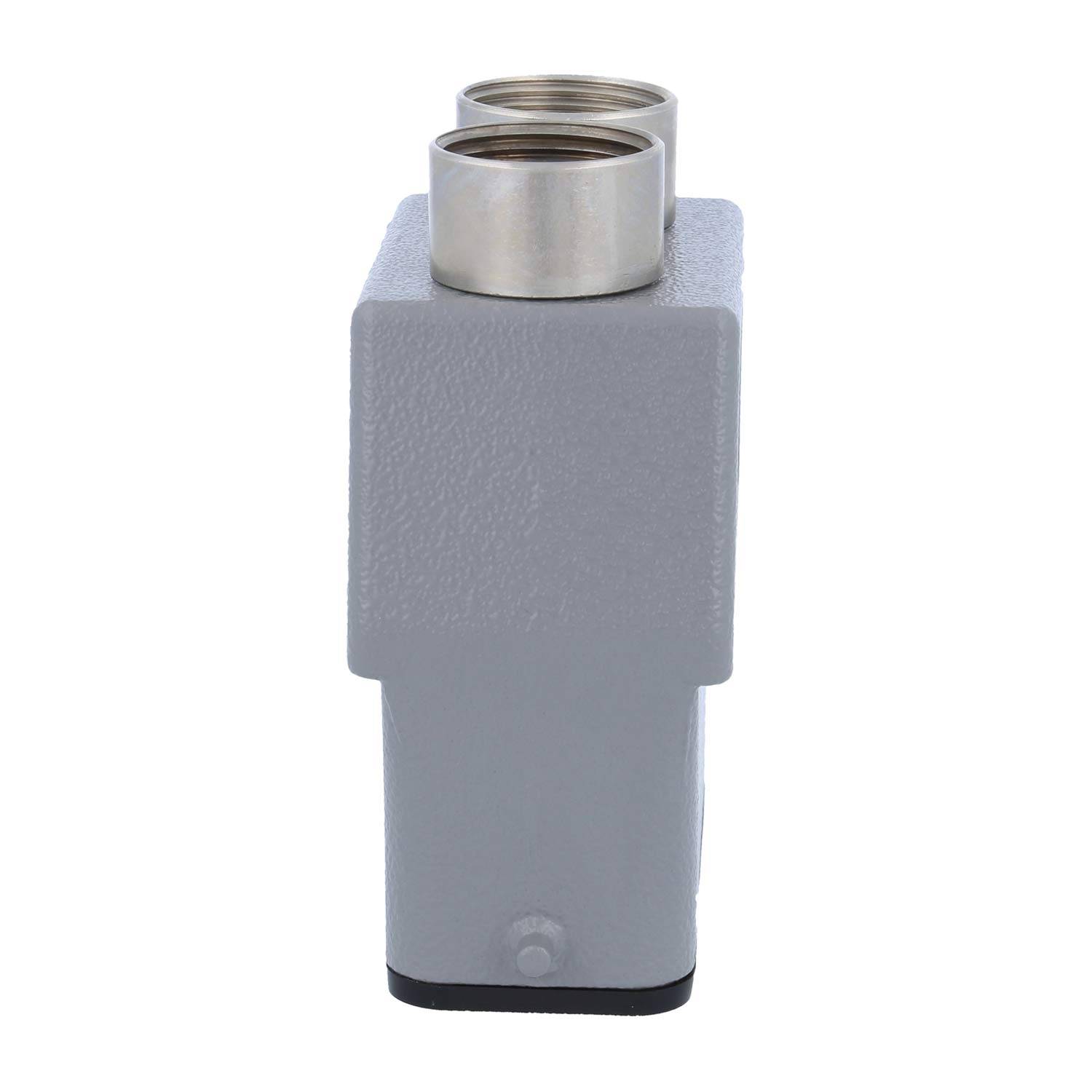 Ein graues metallisches Industriesteckergehäuse mit zwei oberen Öffnungen, das für elektrische oder mechanische Verbindungen verwendet wird.