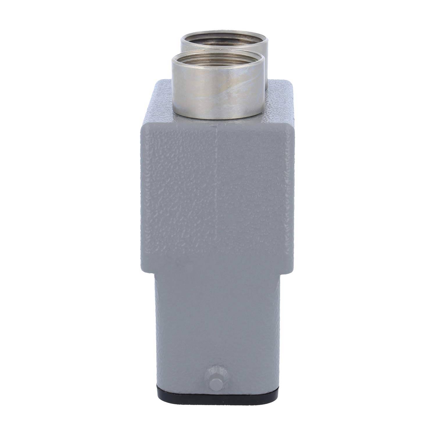 Grauer rechteckiger Industriestecker mit zwei runden Metallanschlüssen oben, entwickelt für elektrische und mechanische Verbindungen.