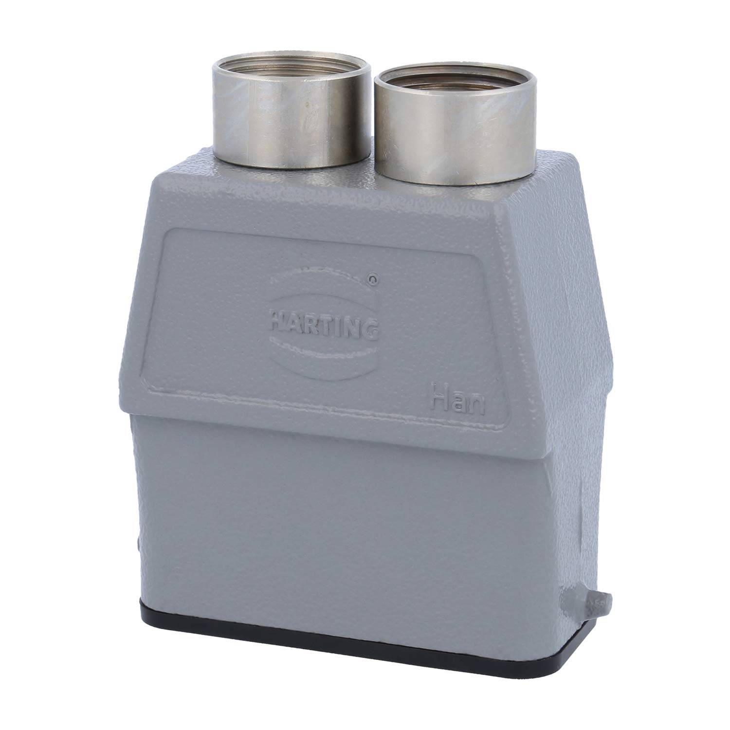 Ein graues, rechteckiges HARTING-Steckgehäuse mit zwei Metallbuchsen oben, das in elektrischen Verbindungen verwendet wird.