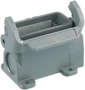 Ein grau-metalles elektrisches Komponentengehäuse mit Befestigungslöchern und einer rechteckigen Öffnung an der Oberseite zum Sichern oder Verbinden von Teilen.