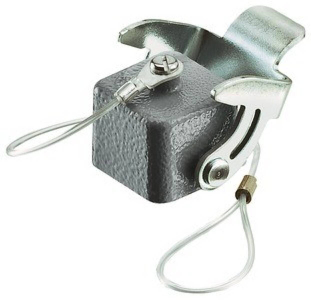 Eine Metallklammer mit einer Drahtschlaufe, möglicherweise zum Befestigen von Kabeln oder anderen Komponenten, mit einer Schraube oben zur Einstellung.