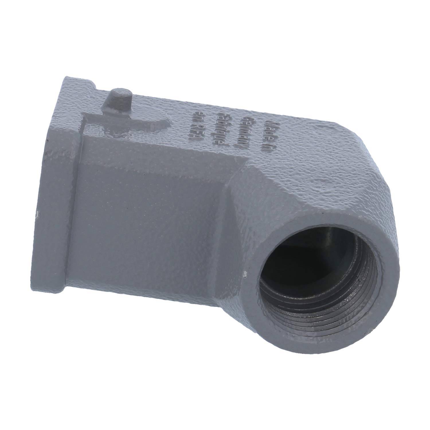 Ein graues Gewindewinkelstück mit 90 Grad zum Verbinden zweier Rohre in rechtem Winkel, häufig in Rohrleitungssystemen verwendet.