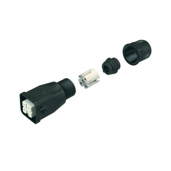 Ein schwarzer Kunststoff-Elektroverbinder mit seinen getrennten Komponenten, wobei verschiedene interne Teile zur Montage in einer Reihe angeordnet sind.