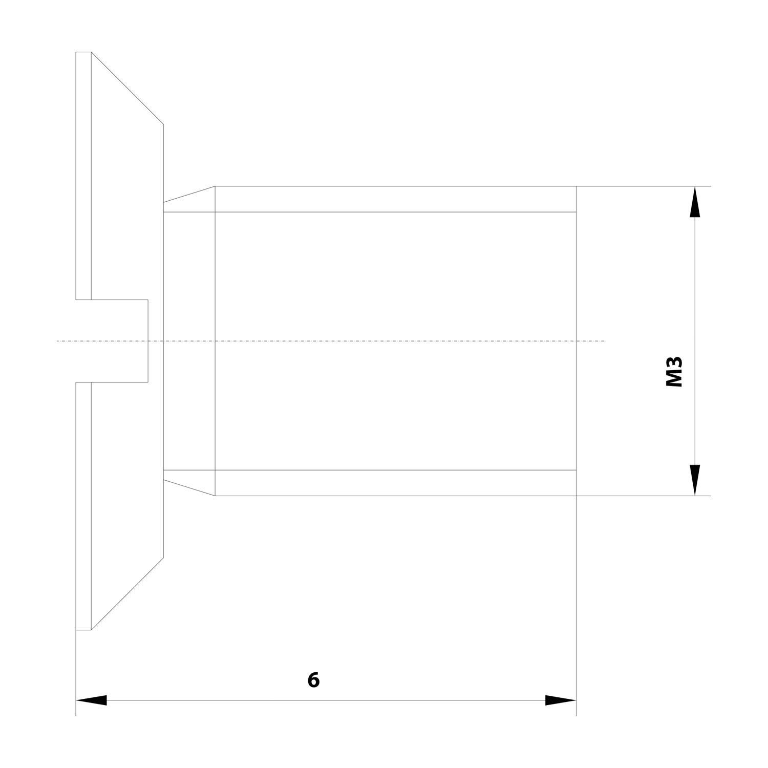Technische Zeichnung eines Bolzens. Länge ist mit 6 Einheiten markiert, mit einer Gewindegröße von M3.