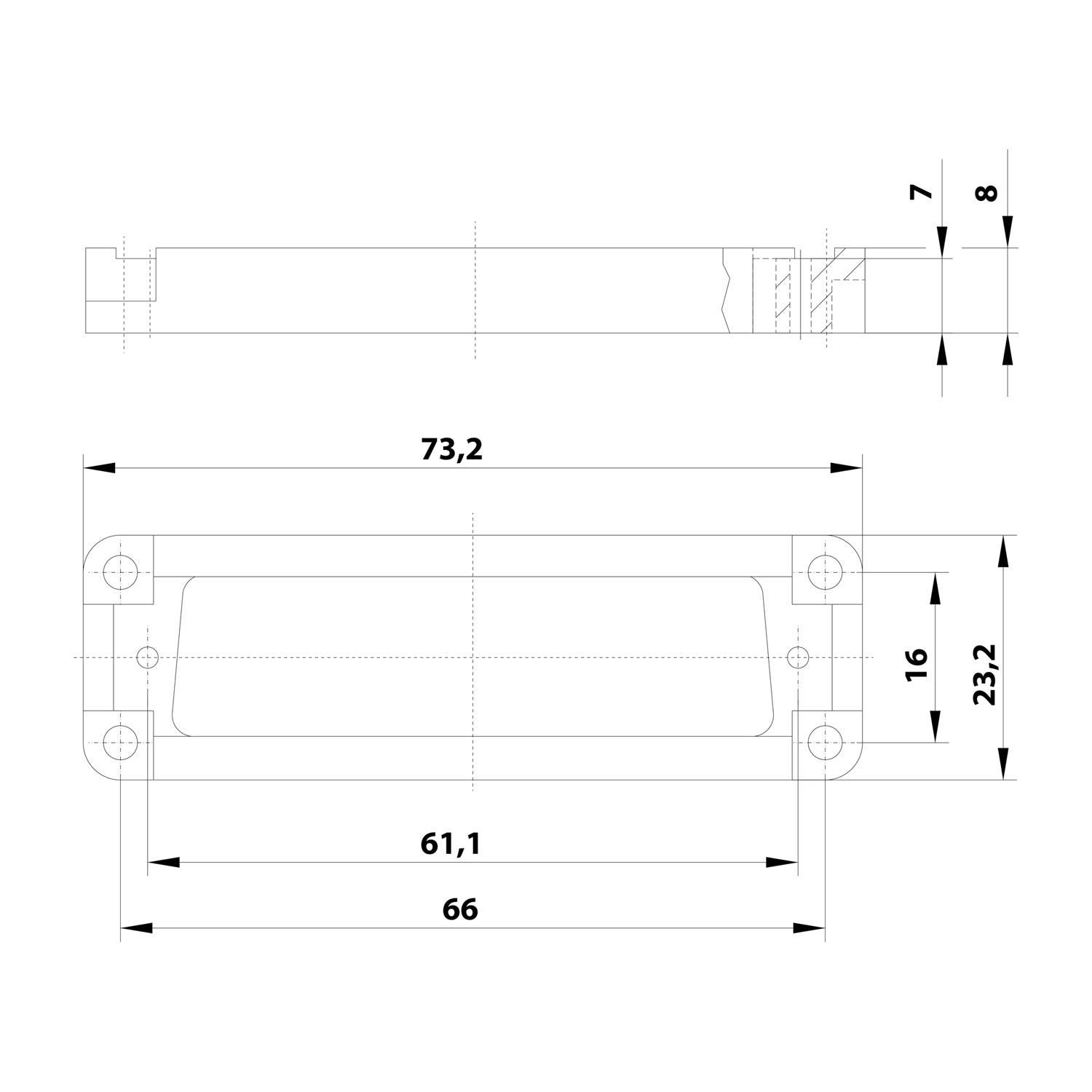 Technische Zeichnung eines rechteckigen Objekts mit Abmessungen: Länge 73,2 mm, Breite 16 mm, Tiefe 23,2 mm und einer zentralen Lochbreite von 66 mm.