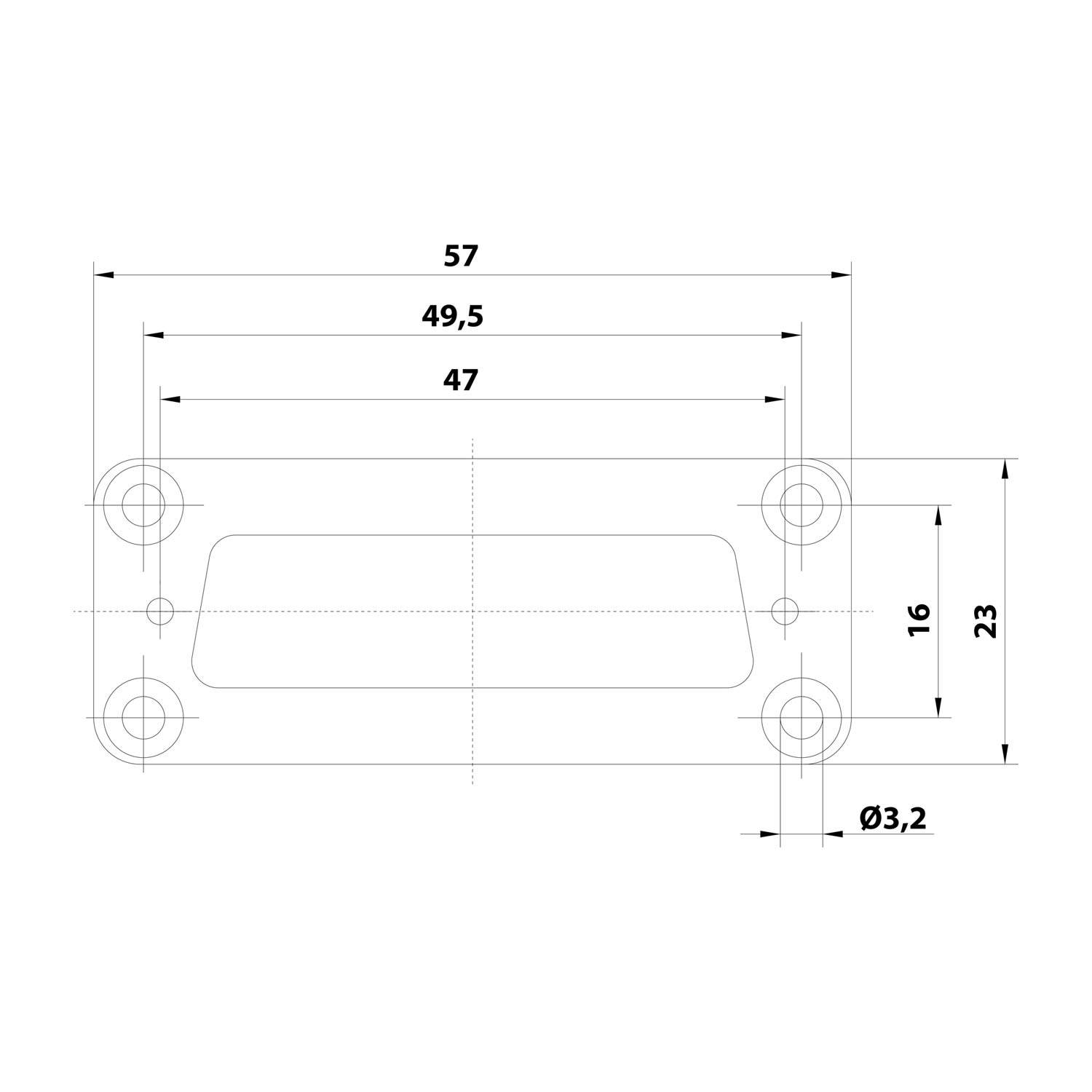 Technische Zeichnung einer Befestigungsplatte mit folgenden Abmessungen: 57 mm Breite, 49,5 mm und 47 mm Abstände zwischen Bohrungen, 23 mm Gesamthöhe, 16 mm Abstand zwischen vertikalen Bohrungen und Bohrungsdurchmesser 3,2 mm.