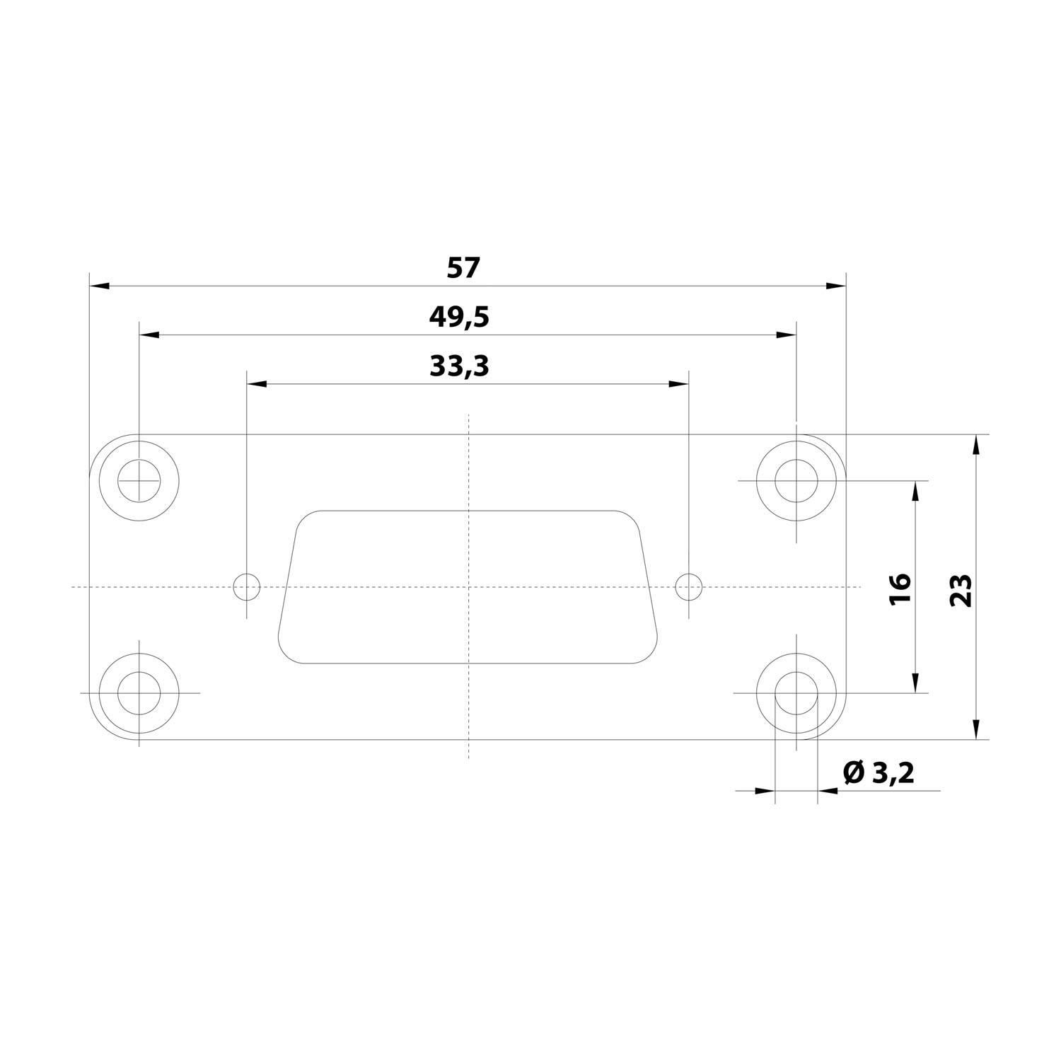 Technisches Diagramm einer rechteckigen Platte mit Abmessungen: 57 mm Breite, 33,3 mm inneres Rechteck, 49,5 mm zwischen Bohrungen, 23 mm und 16 mm von den Kanten. Bohrungen sind Ø 3,2 mm.