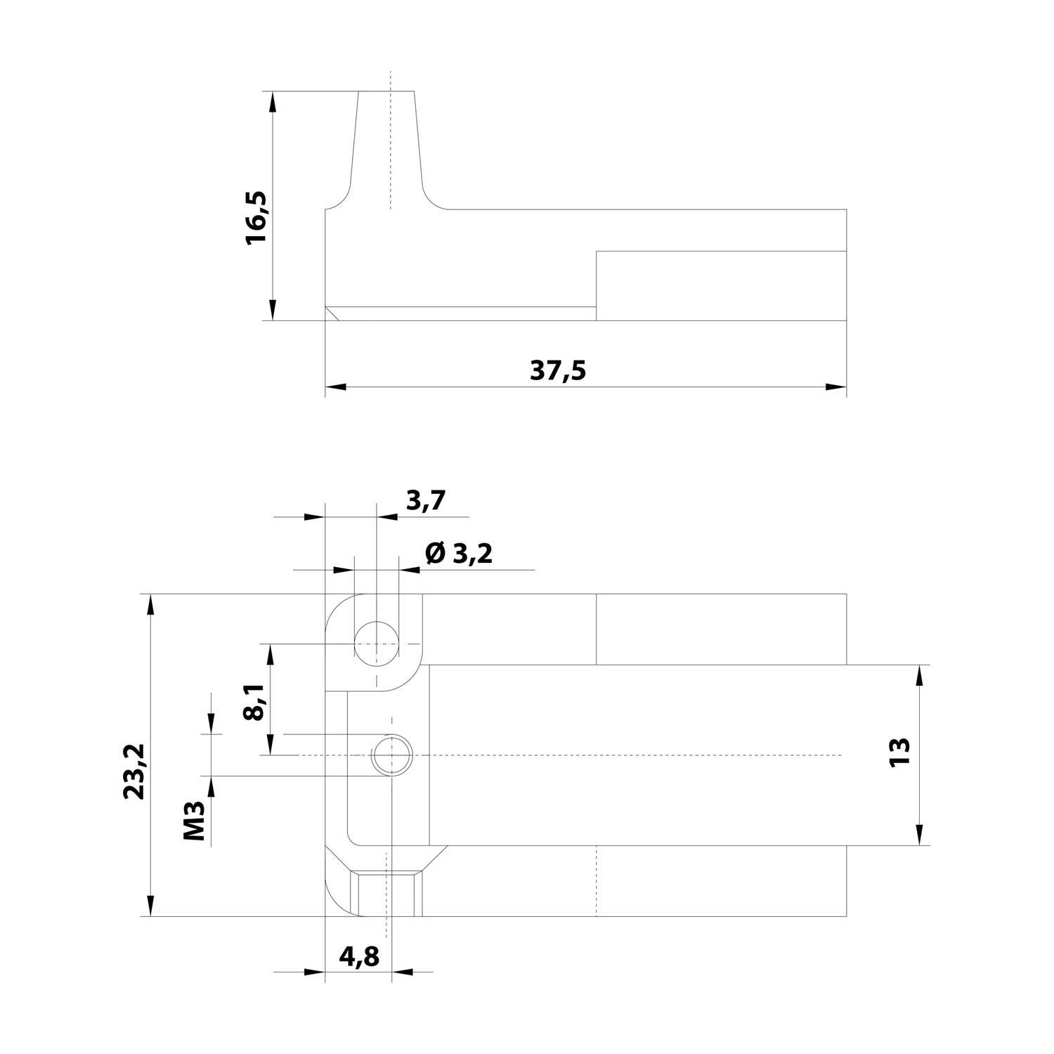 Technische Zeichnung eines Maschinenteils mit folgenden Abmessungen: 37,5 mm Länge, 16,5 mm Höhe, mit spezifischen Markierungen 3,7 mm, Ø3,2 mm und M3.