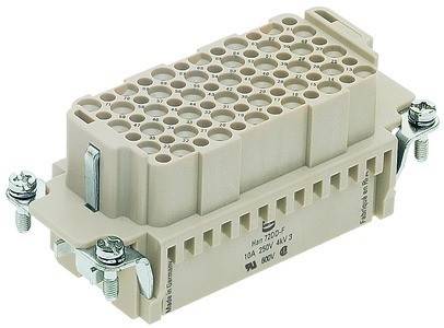 Elektrischer Steckverbinder mit 72 kreisförmigen Steckplätzen und einem Metallverschluss, ausgelegt für 11A, 500V AC/DC.