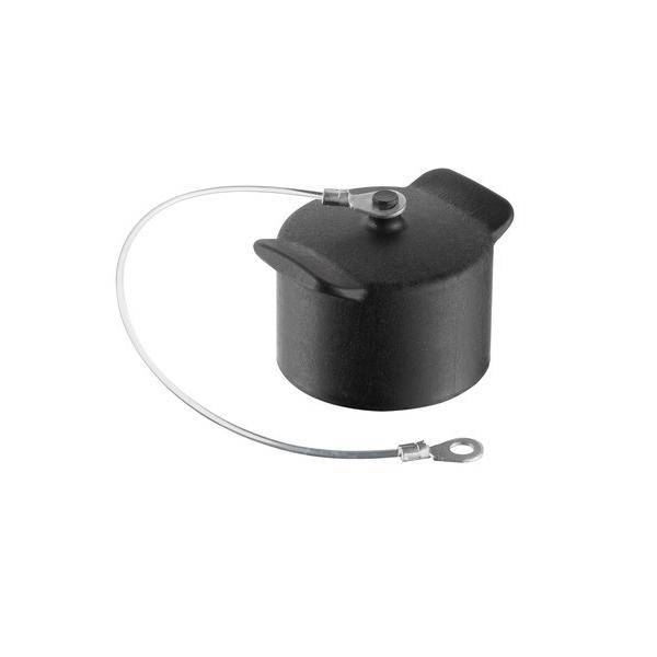 Eine schwarze Schutzkappe mit angehängtem Metallkabel, die zum Abdecken und Sichern von Öffnungen oder Anschlüssen verwendet wird.