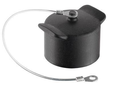 Ein schwarzer zylindrischer Staubschutzdeckel mit einer Metallschlaufe, entwickelt zum Schutz von industriellen Anschlüssen oder Steckern.
