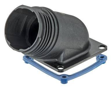 Eine Nahaufnahme eines schwarzen, kreisförmigen Automotive-Steckverbindergehäuses auf einer blauen Dichtung mit gerippter Oberfläche zum Sichern eines Steckers oder einer Kappe.