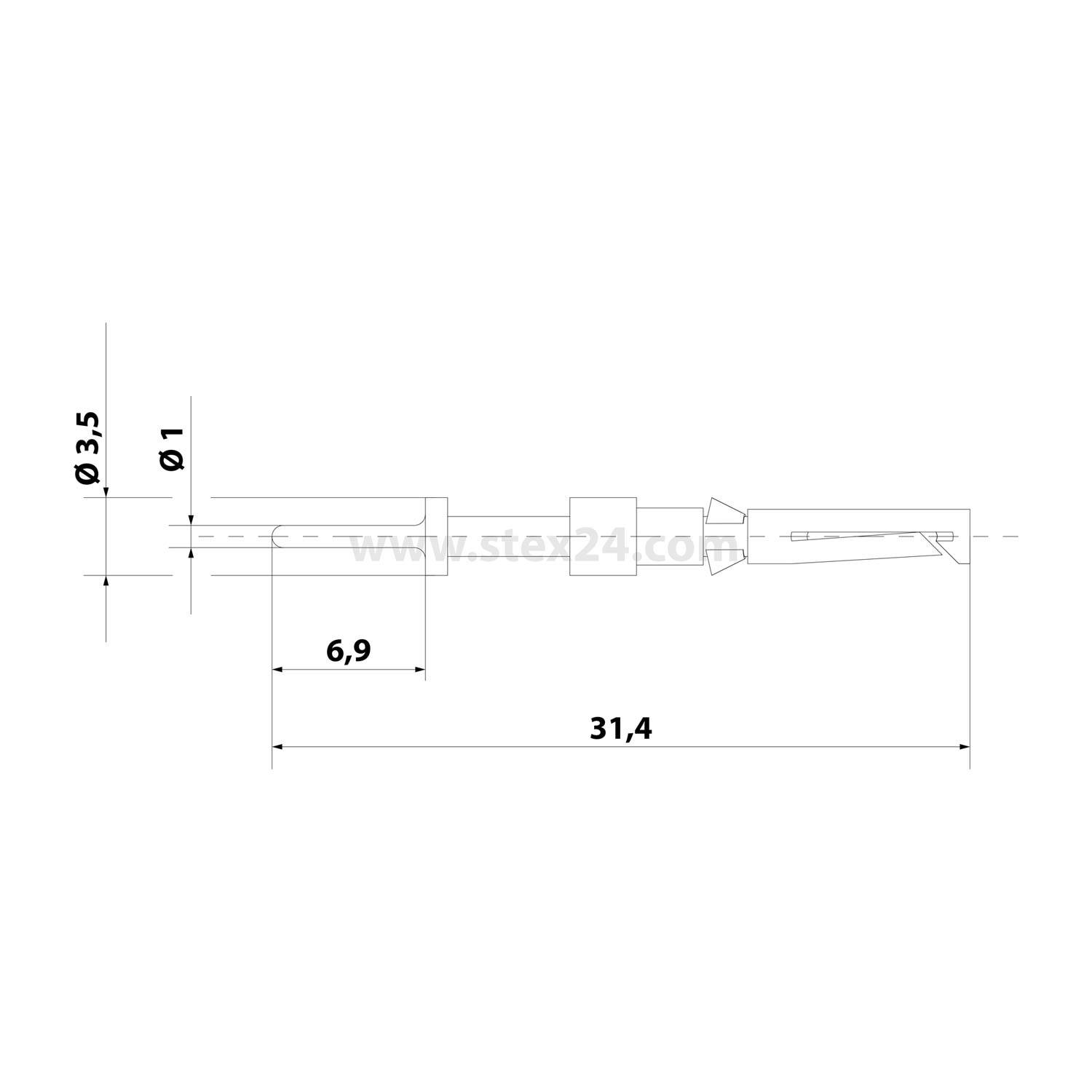 Technische Zeichnung mit einem linear bemaßten Bauteil mit einer Länge von 31,4 und einer kleineren Segmentlänge von 6,9; Durchmesser von 3,5 und 1.