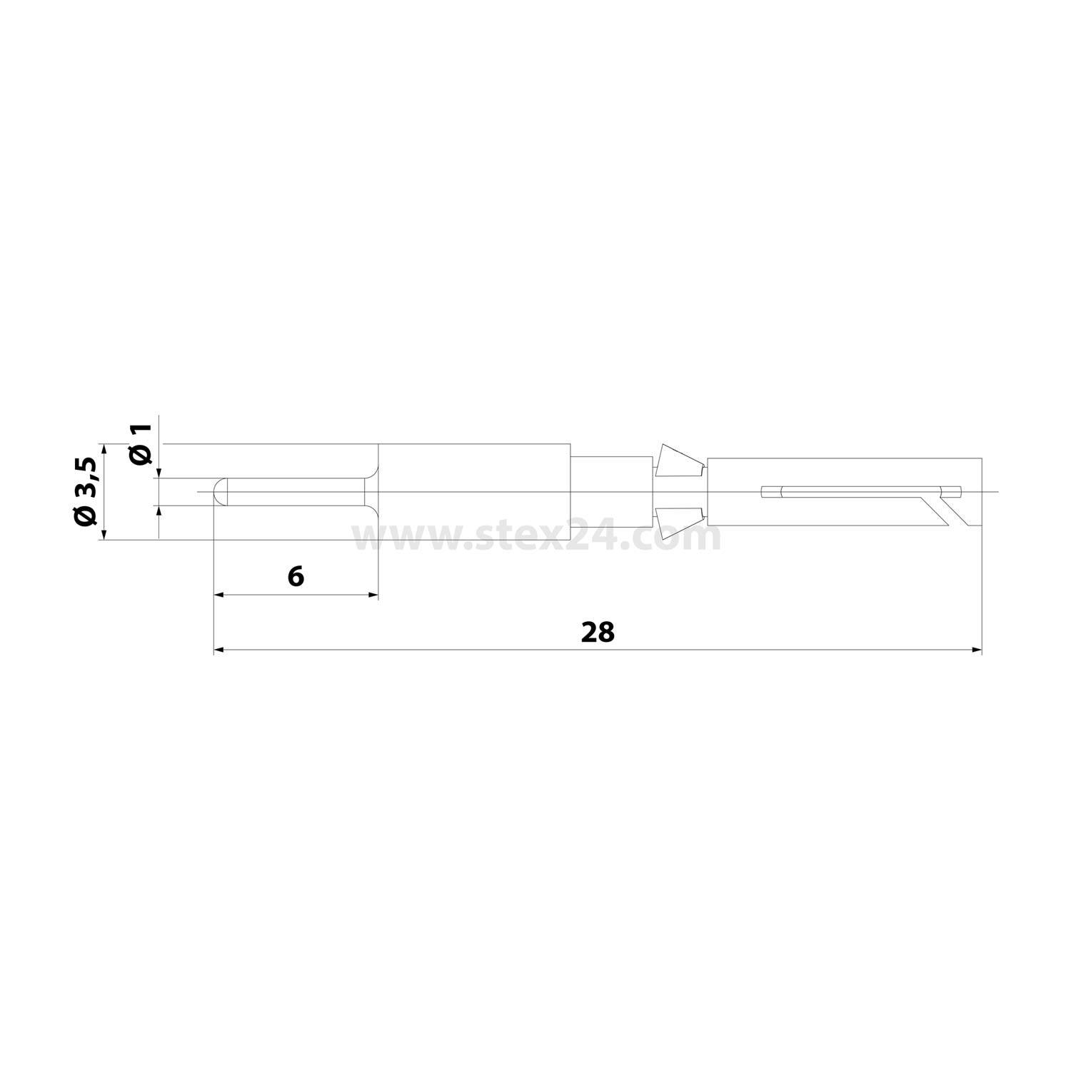 Technische Zeichnung eines zylindrischen Objekts mit Abmessungen: 6 cm Länge, 3,5 cm Durchmesser und ein kleinerer Abschnitt von 1 cm Durchmesser.