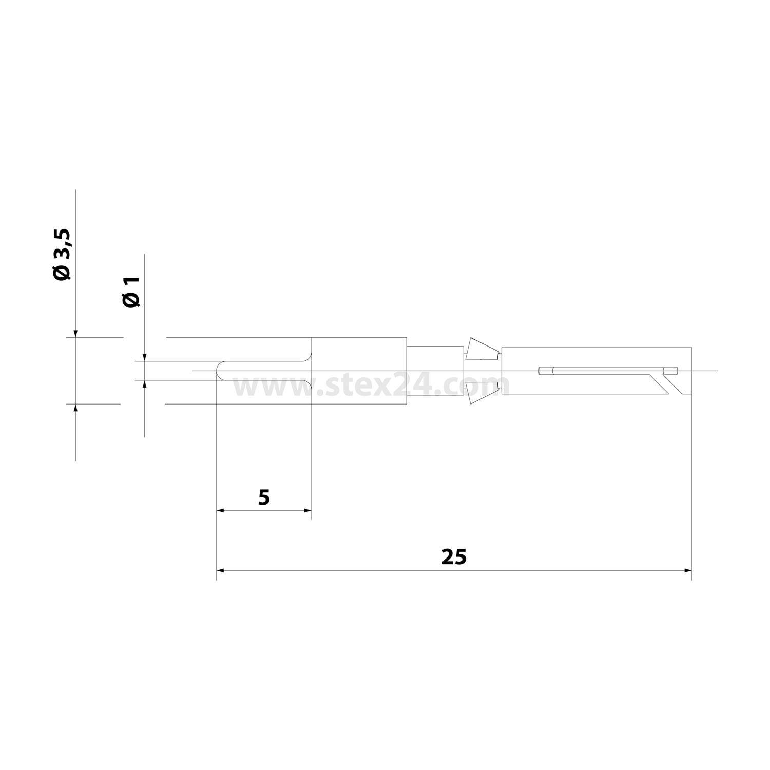 Technisches Diagramm eines Werkzeugs mit Abmessungen: Außendurchmesser 3,5, Innendurchmesser 1, Länge 25 und Schnittlänge 5.