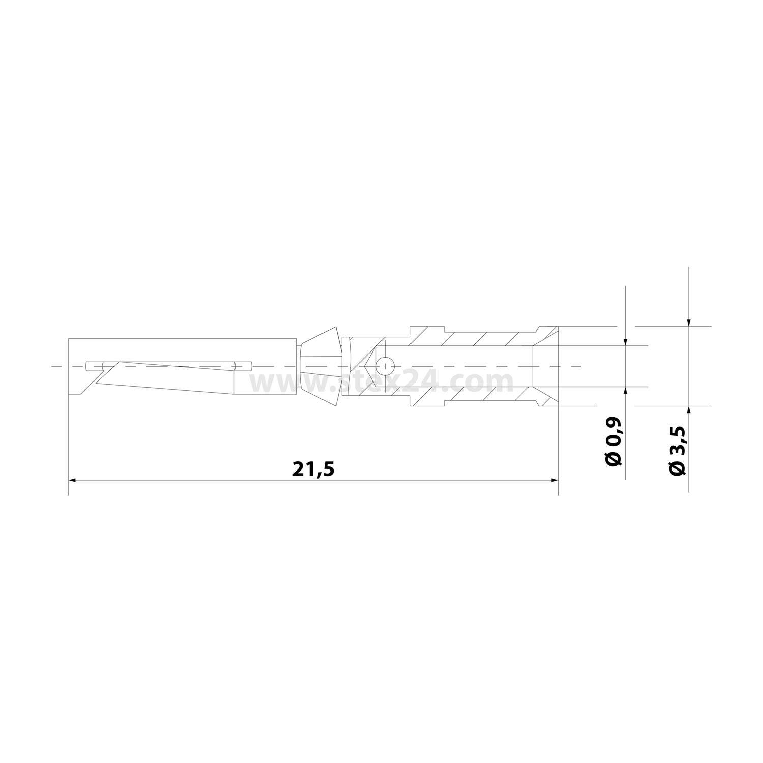 Technische Zeichnung eines zylindrischen Bauteils mit beschrifteten Abmessungen: Länge 21,5 mm, Durchmesser 0,9 mm und Querschnitt 3,5 mm.