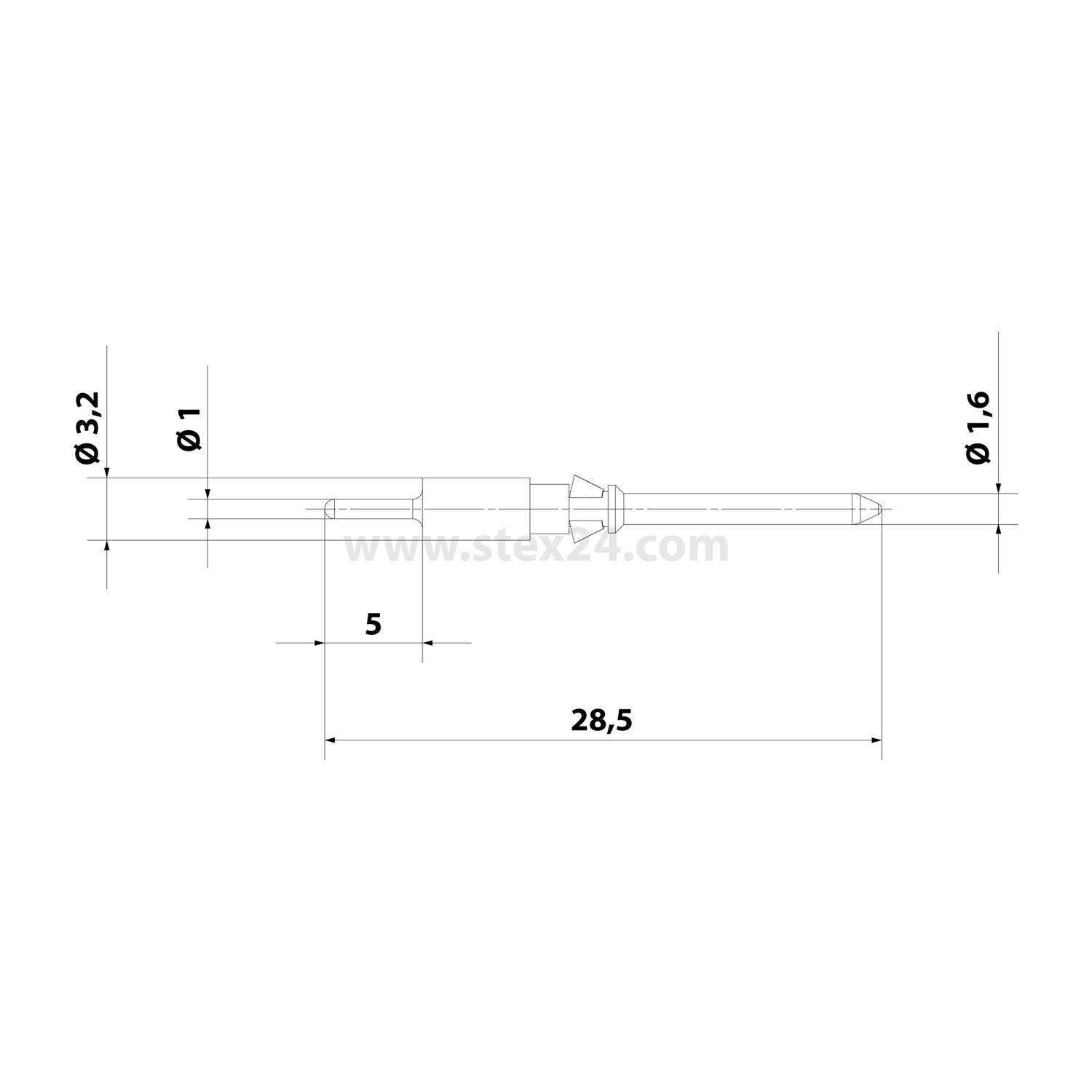 Das Bild ist eine technische Zeichnung eines zylindrischen Objekts mit den Abmessungen: Länge 28,5 mm, Breite am dicksten Punkt 3,2 mm und 1,6 mm am schmalsten Teil.