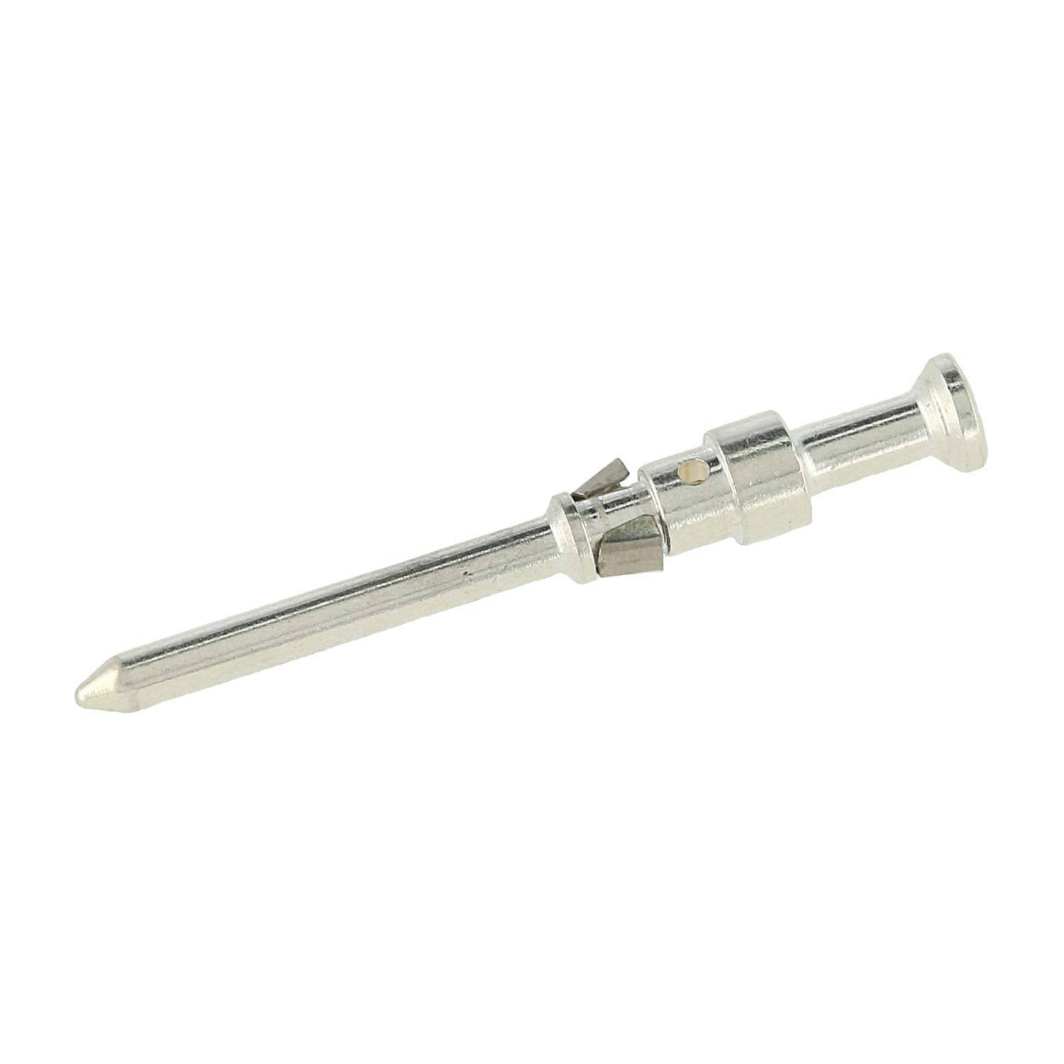 Ein metallischer Stift mit spitzem Ende und Schlitzöffnung im Kopf, häufig in elektronischen Steckverbindern zum Befestigen von Komponenten verwendet.