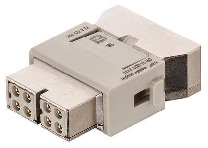 Ein beiger Ethernet-Inline-Koppler mit Anschlüssen zum Verbinden von Netzwerkkabeln, auf dem ein Netwerksymbol und technische Spezifikationen in Kleinschrift abgebildet sind.