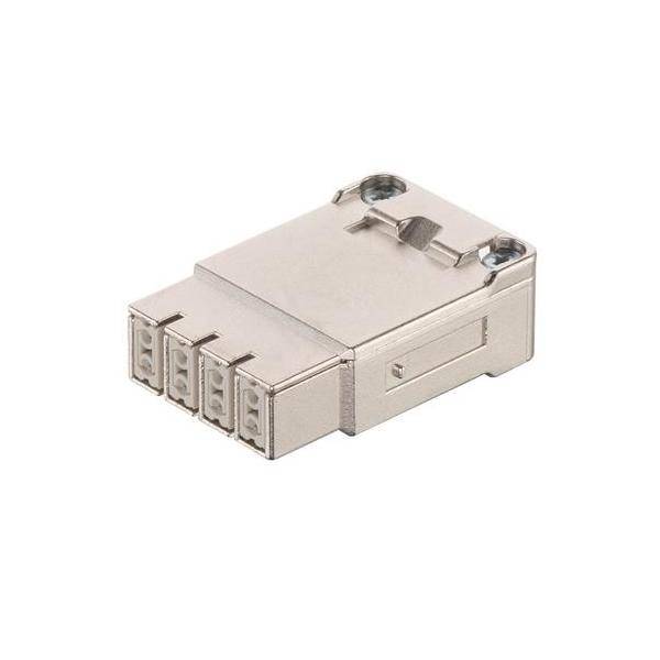 Nahaufnahme eines kleinen metallenen elektronischen Stecker-Adapters mit vier vorderen Anschlüssen und einer Verriegelungsklemme oben, gezeigt auf weißem Hintergrund.