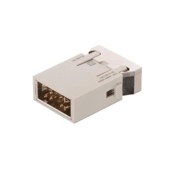 Weißer RJ45-Stecker-Adapter im modularen Steckerformat mit Metallkontakten, gezeigt vor einem einfachen weißen Hintergrund.