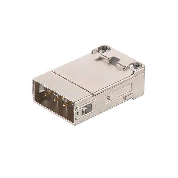 Metallischer USB-A-Stecker-Anschluss auf weißem Hintergrund dargestellt, mit sichtbaren internen Kontaktstiften und metallischem Gehäuse.