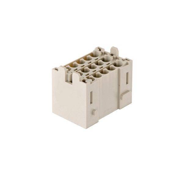 Ein beige farbenes, rechteckiges elektrisches Anschlussgehäuse mit mehreren Steckplätzen für Terminalverbindungen.