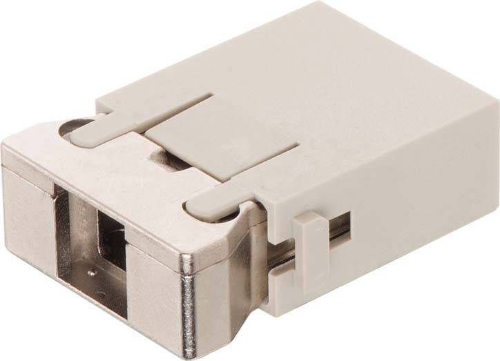 Präsentation eines beigen Keystone-Moduls mit einem metallisch geschirmten Anschluss für Netzwerkkabel, das zum Einrasten in eine Wandplatte oder Patchpanel konzipiert ist.