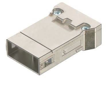 Ein Metall-RJ45-Anschluss, der in einem leichten Winkel gezeigt wird, wobei seine silberne Farbe und die Schraubenlöcher oben zum Befestigen hervorgehoben werden.