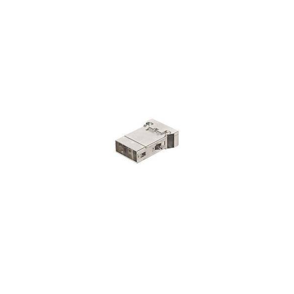Kleiner Metall-USB-Adapter oder Steckerverbinder auf weißem Hintergrund.