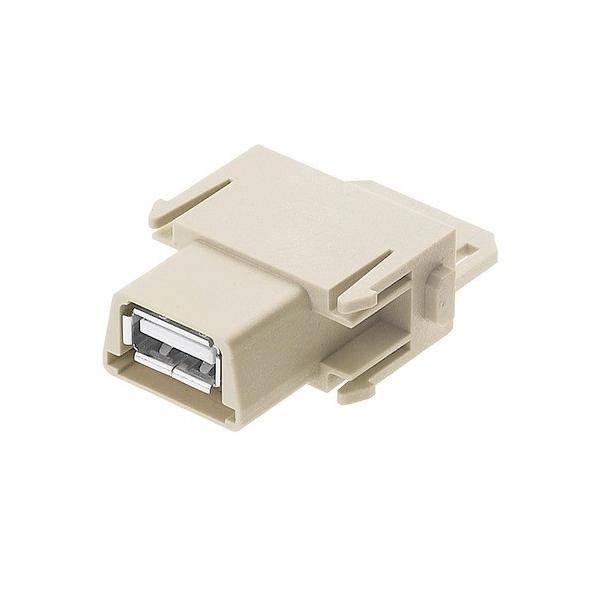 Eine beige USB-Ports-Keystone-Buchse mit rechteckiger Form, zur Paneelmontage geeignet, die USB-Verbindungen in modularen Setups ermöglicht.