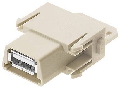 Ein beiger USB-Verbindungsadapter mit einem sichtbaren USB-Anschluss an einem Ende, der zum Verbinden und Verlängern von USB-Kabeln oder Geräten verwendet wird.