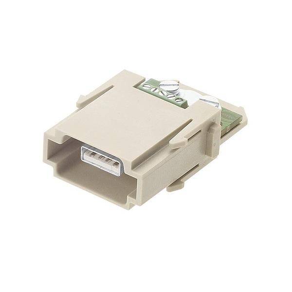 Ein beiger Keystone USB Typ B Adapter mit Schraubanschlüssen, der zum direkten Anschließen von USB-Kabeln an Drähte verwendet wird.
