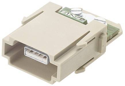 Eine beige Keystone-Buchse mit einem USB-Anschluss und Schraubklemmen oben zum Anschließen von Kabeln, die typischerweise für Netzwerk- oder Datenverbindungen verwendet wird.