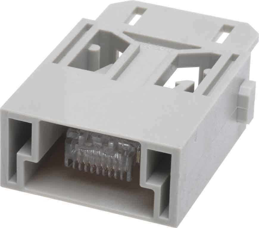 Eine graue Plastik-RJ45-Wandsteckdose mit offenen Schlitzen für Netzwerkkabelanschlüsse, konzipiert zum Sichern von Ethernet-Kabeln an ihrem Platz.