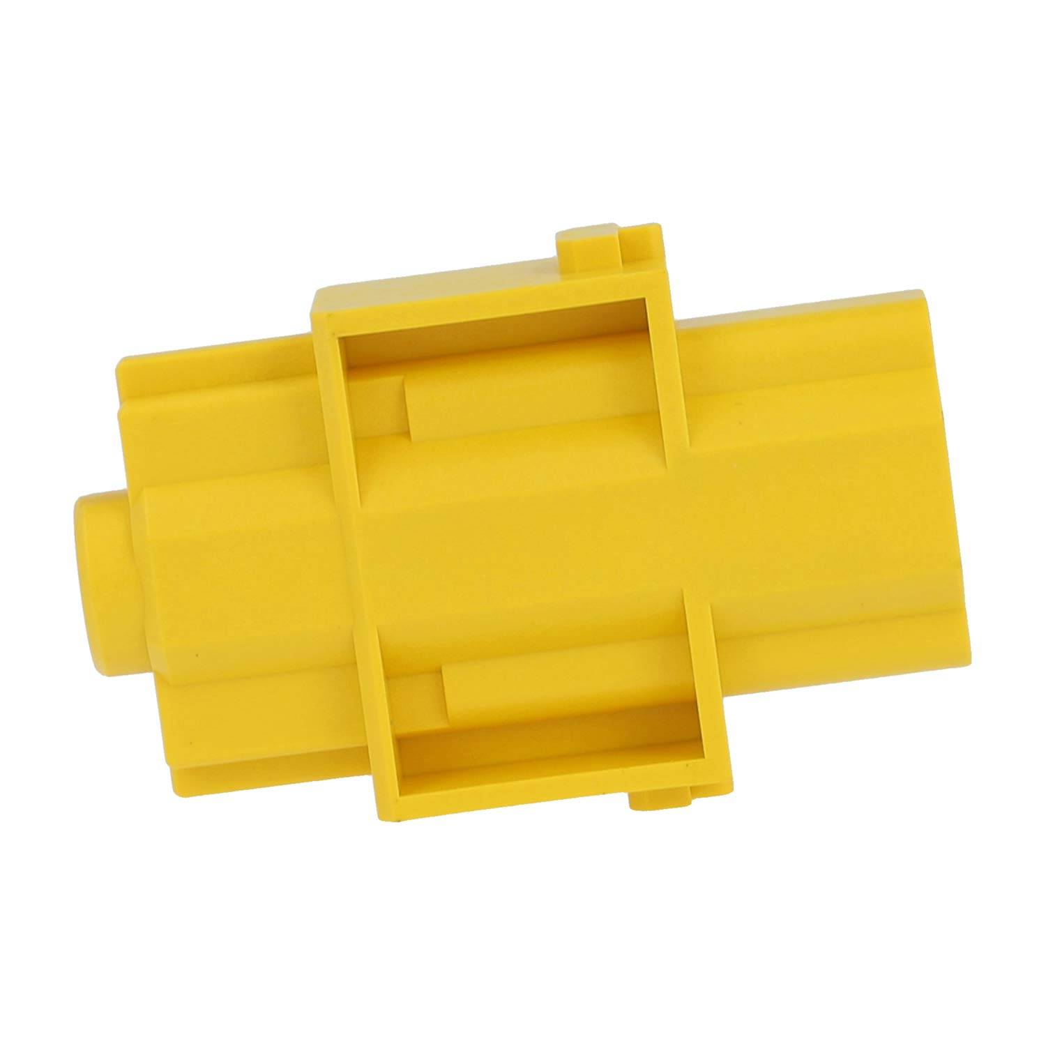 Ein gelber Kunststoffverbindungsblock, rechteckig mit Zweikanal-Design, häufig in elektrischen oder mechanischen Baugruppen verwendet.