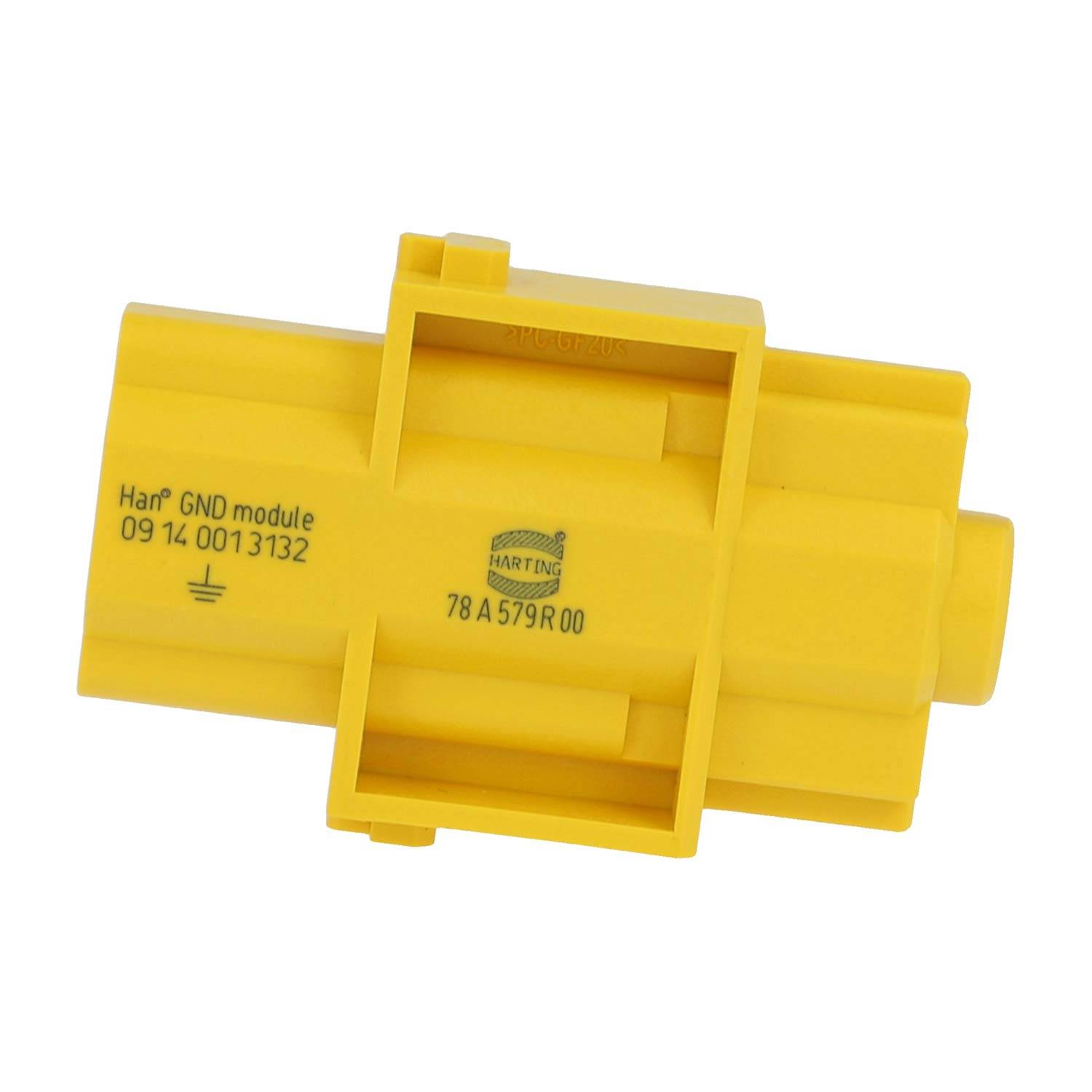 Gelbes Harting GND-Modul mit Modellnummer '09 14 001 3132' und weitere Spezifikationen auf der Seite gedruckt.