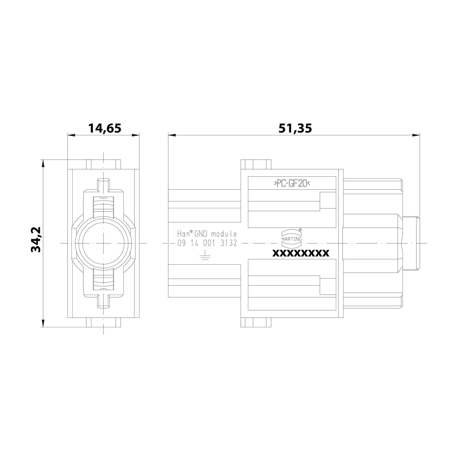 Technische Zeichnung eines Han 6ND Moduls, enthält Abmessungen: 14,6x51,35 cm und 34,2 cm Höhe. Zeigt Beschriftungen und Ausrichtungshilfen.