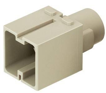 Ein beige, rechteckiger Kunststoffverbinder mit zwei Schlitzen, der üblicherweise in modularen Wandplatten für Netzwerkkabelanschlüsse verwendet wird.