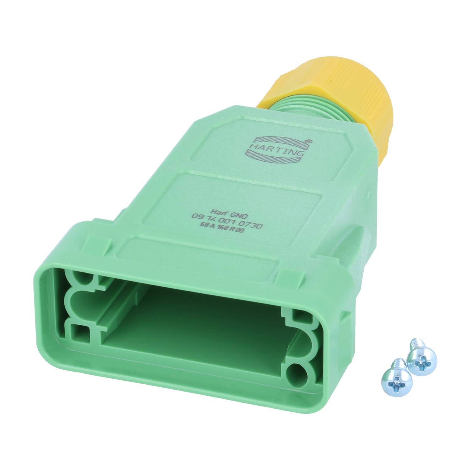 Grün-gelber Harting-Industriestecker mit zwei Schrauben daneben, die eine Modellnummer auf dem Gehäuse zeigen.