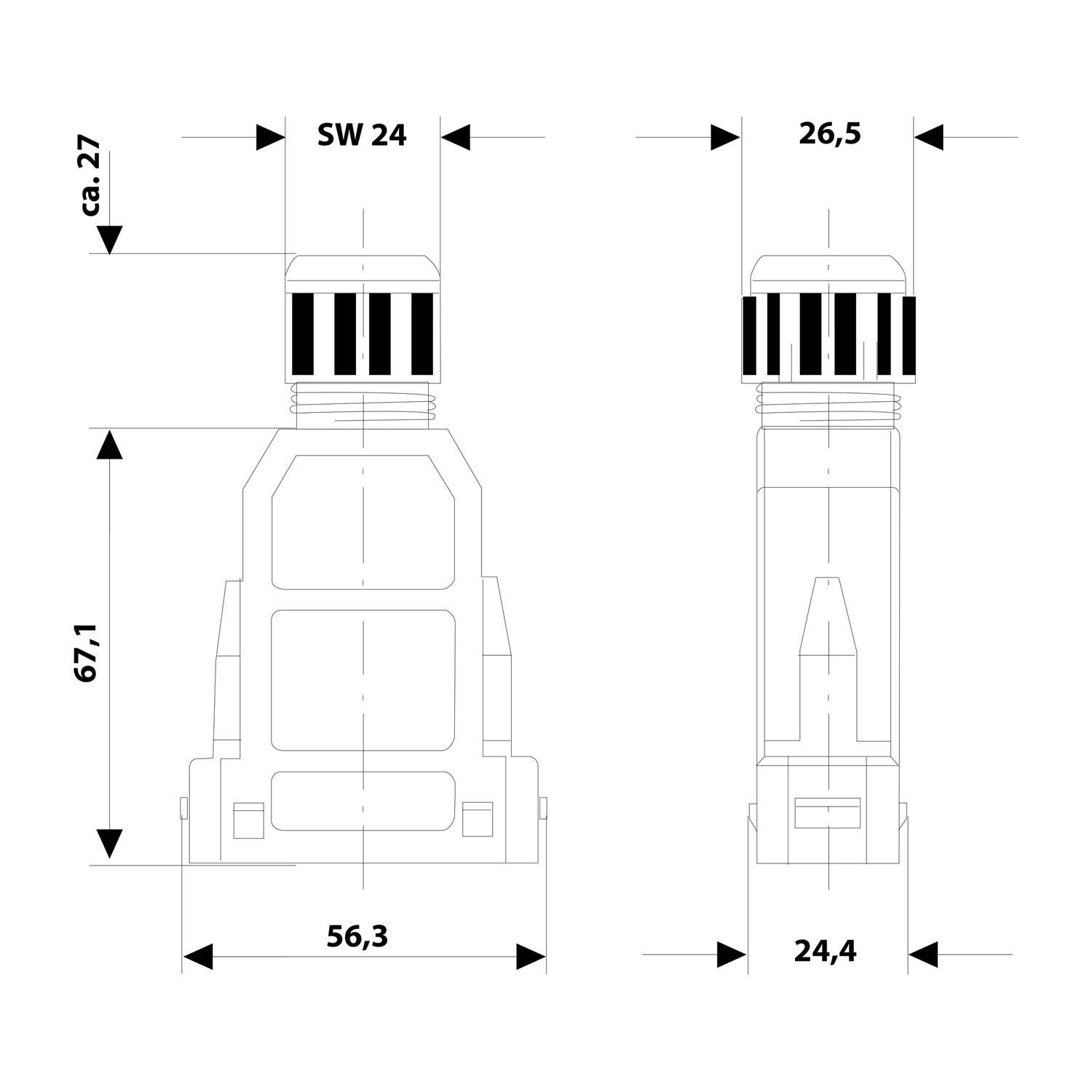 Technische Zeichnung eines flaschenförmigen Objekts mit Abmessungen: Höhe 67,1, Breite an der Basis 56,3, Oberbreite 26,5, verschiedene Höhen.