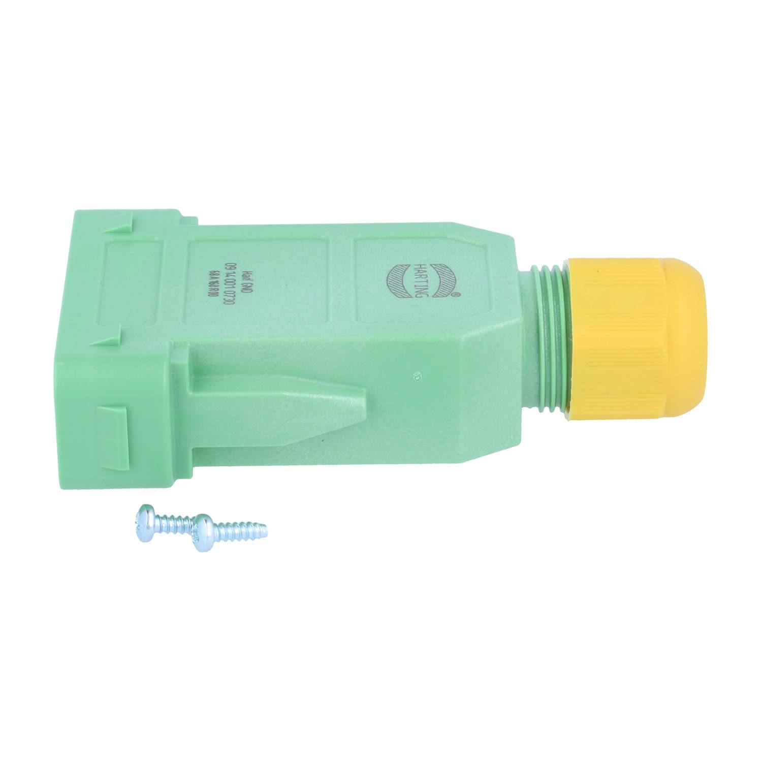 Ein grüner, rechteckiger Stromstecker mit einer gelben Kappe, horizontal neben zwei Schrauben auf einem schlichten Hintergrund angebracht.