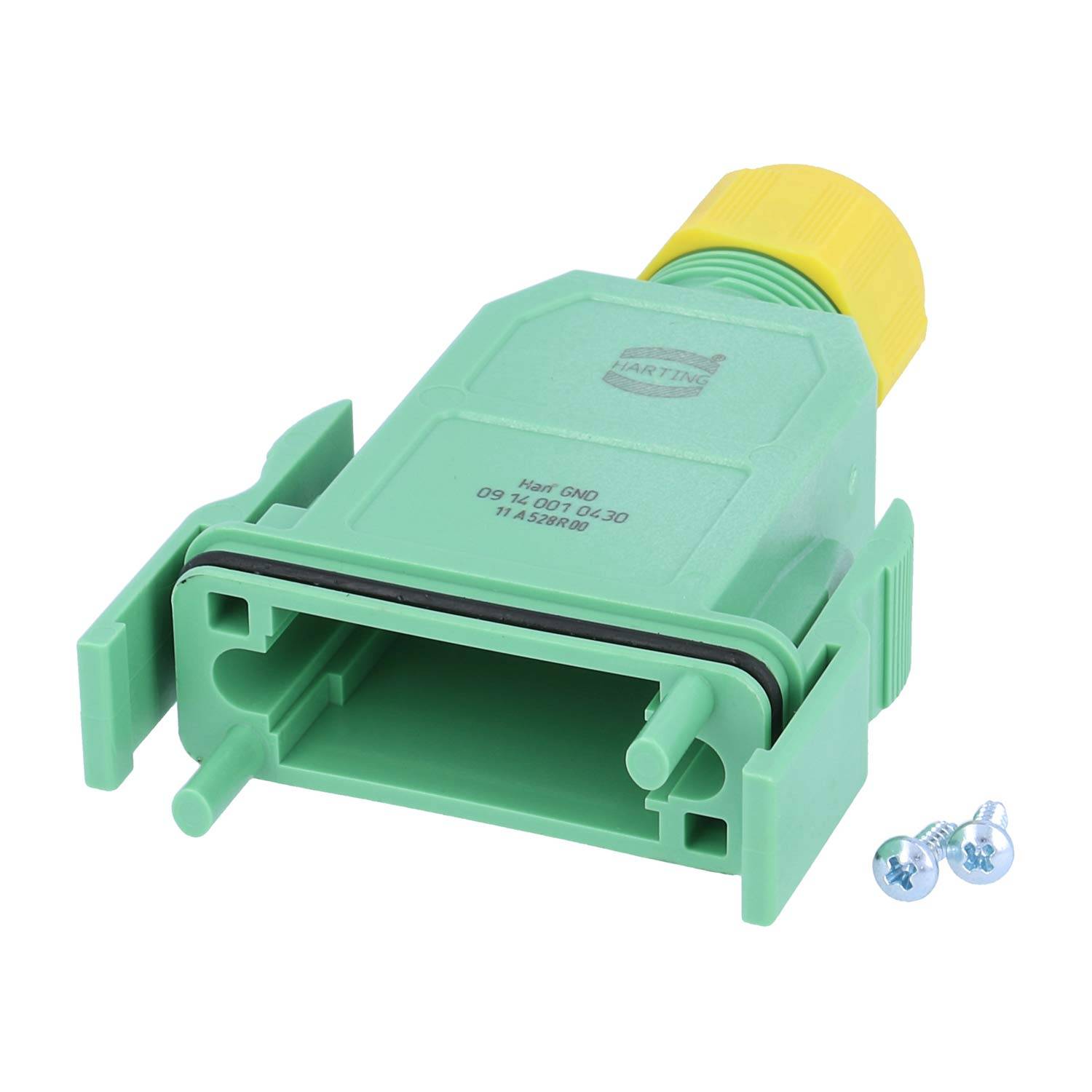 Grüner Kunststoff-Stecker mit gelbem Deckel und zwei Schrauben daneben, entwickelt zum Sichern von Stromkabeln oder Signalkabeln.