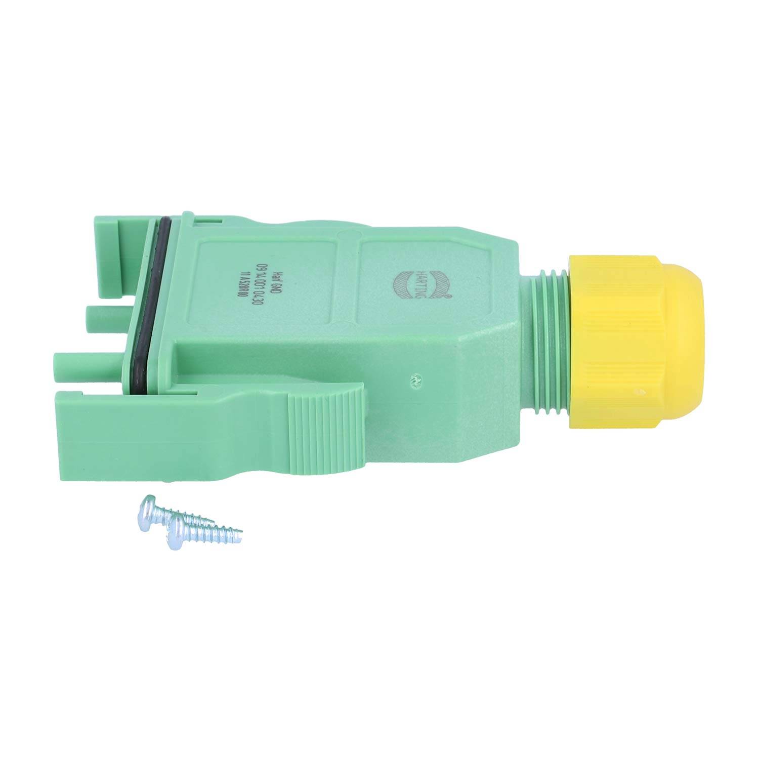 Ein grüner Kunststoffverbinder mit einer gelben Kappe und zwei Schrauben; wird typischerweise in Elektro- oder Sanitäranwendungen verwendet.
