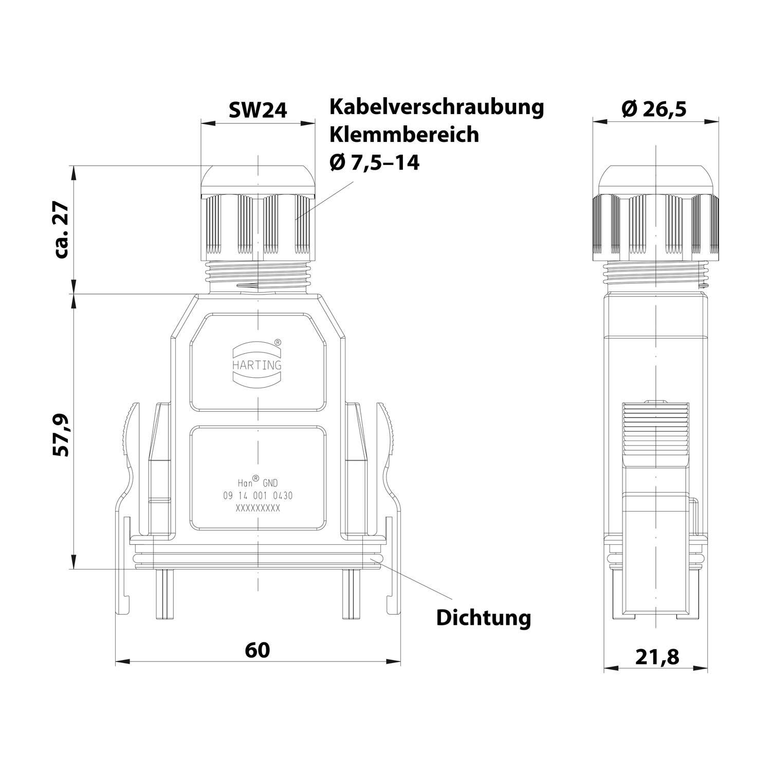 Technische Zeichnung eines elektrischen Steckers mit Abmessungen: Höhe 57,9 mm, Breite 60 mm. Beschriftungen enthalten „Kabelverschraubung