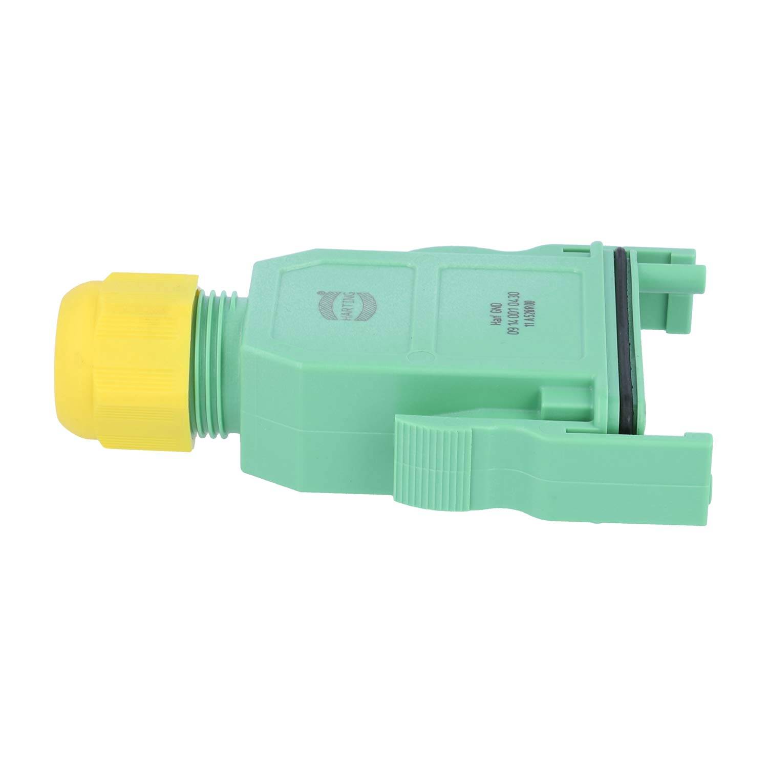 Grüner Industriestecker mit gelbem Deckel, von der Seite gezeigt.