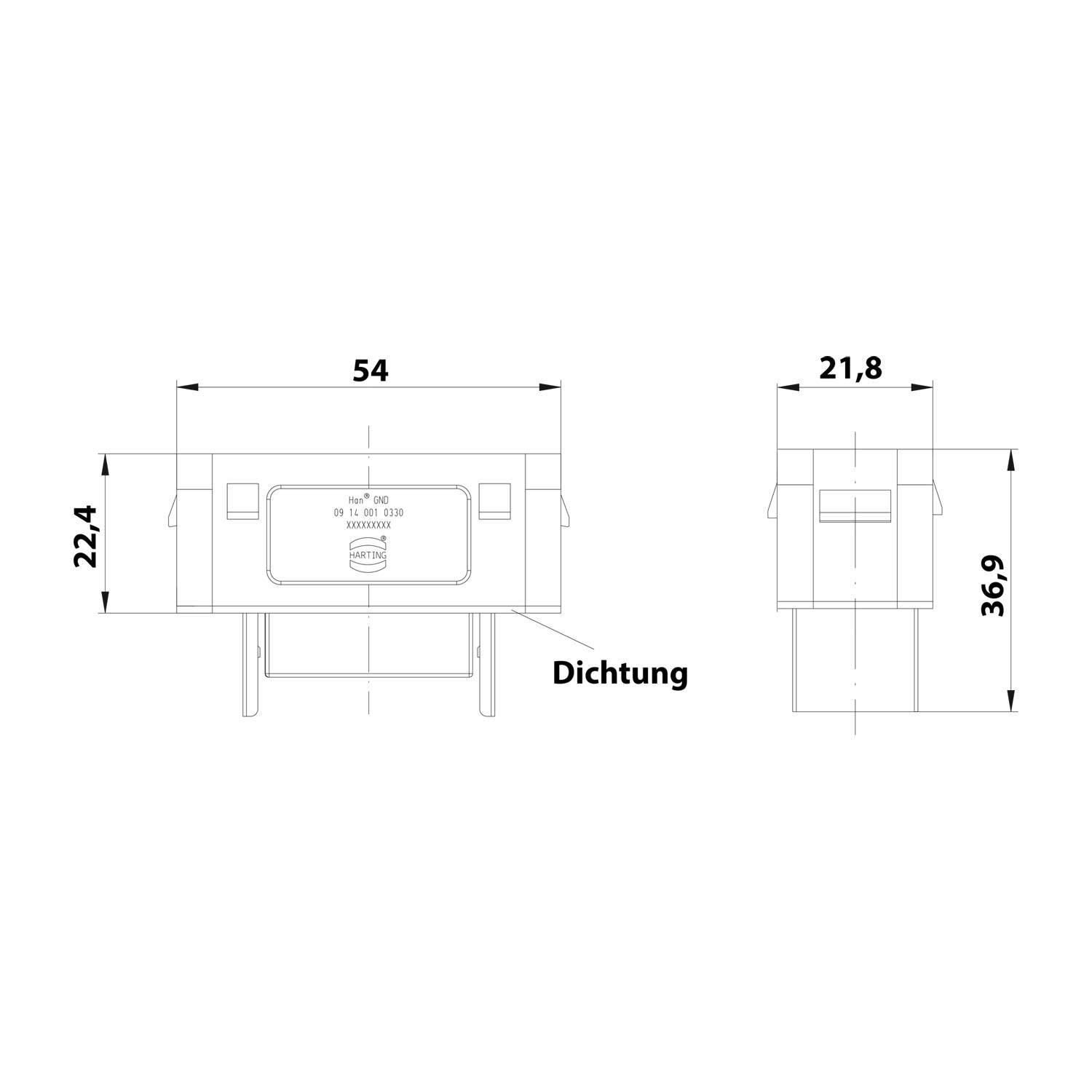Technische Zeichnung mit Abmessungen eines Bauteils. Vorderansicht: 54 mm Breite, 22,4 mm Höhe. Seitenansicht: 21,8 mm Breite, 36,9 mm Höhe. Mit der Bezeichnung „Dichtung