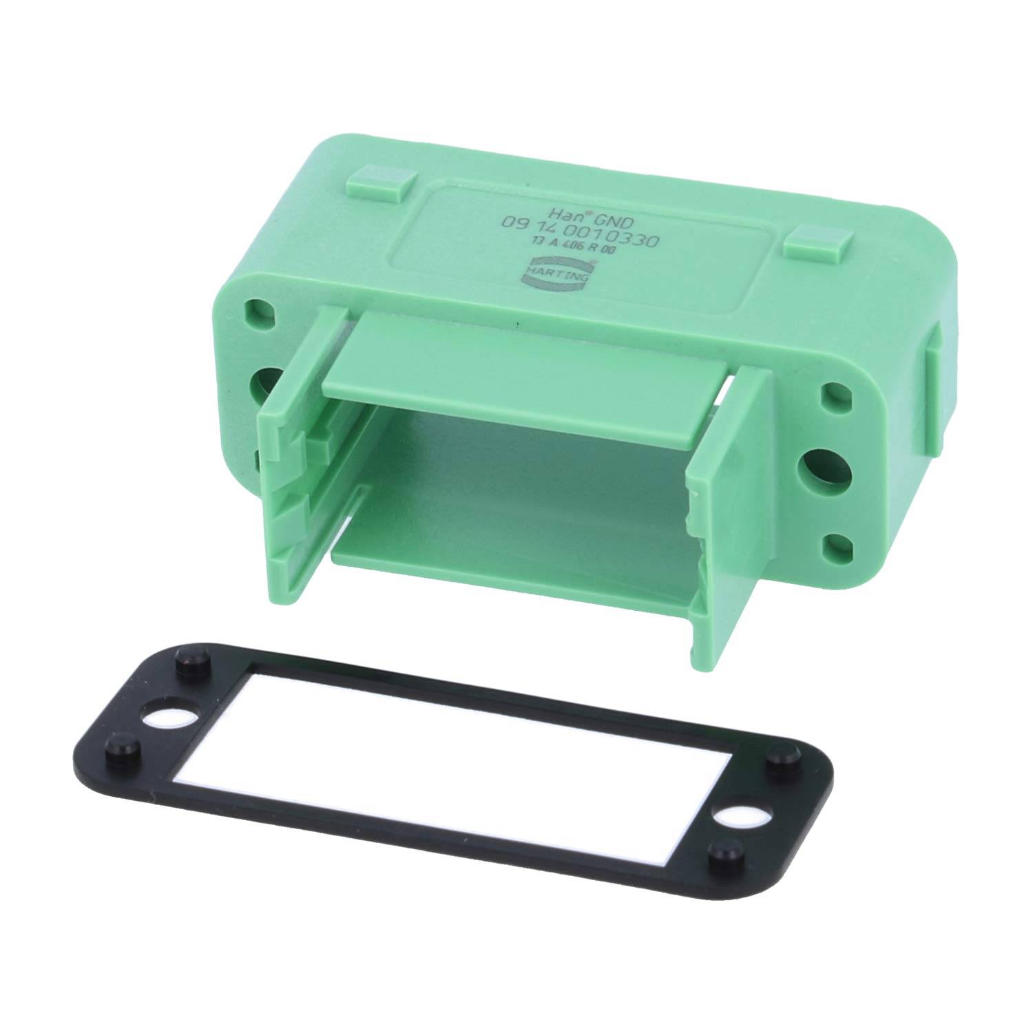 Grünes Kunststoff-Elektroanschlussgehäuse mit rechteckiger Form und mehreren seitlichen Öffnungen, begleitet von einem schwarzen Befestigungsflansch.